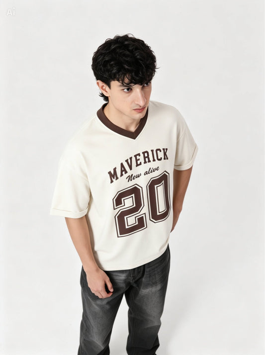Maverick 20 Vintage Drop-Shoulder V-Neck Tee | Off-White & Brown - Swanah