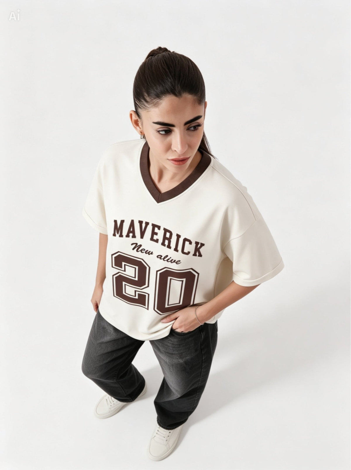 Maverick 20 Vintage Drop-Shoulder V-Neck Tee | Off-White & Brown - Swanah