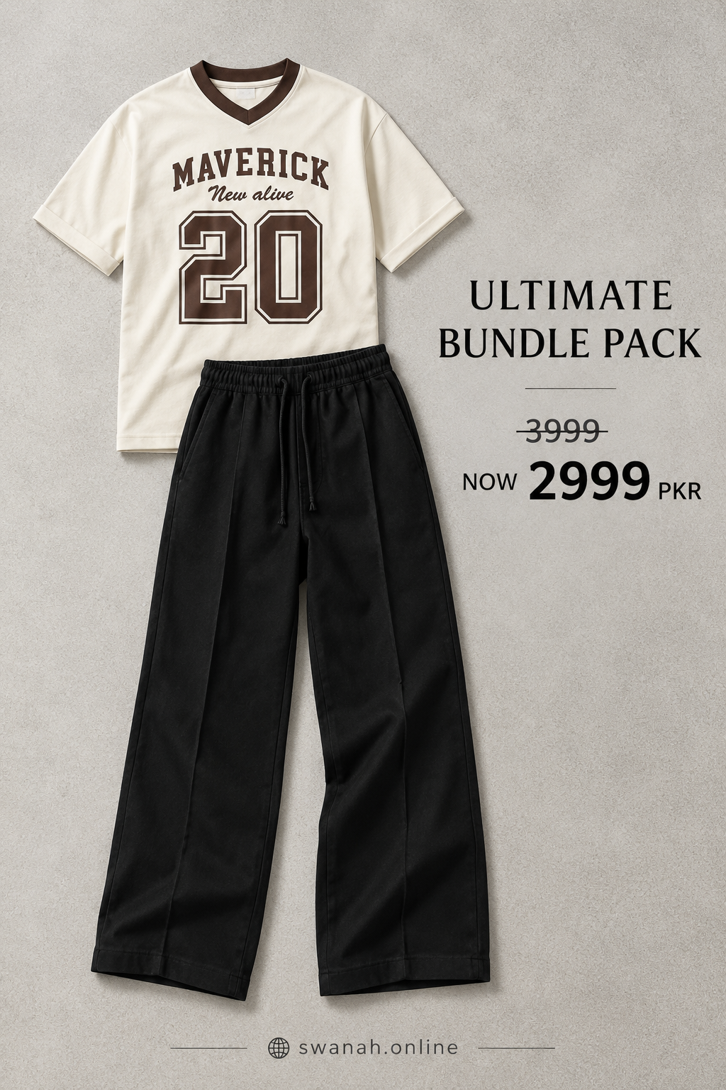 Maverick 20 V-Neck T-Shirt & Black Wide-Leg Trouser Bundle