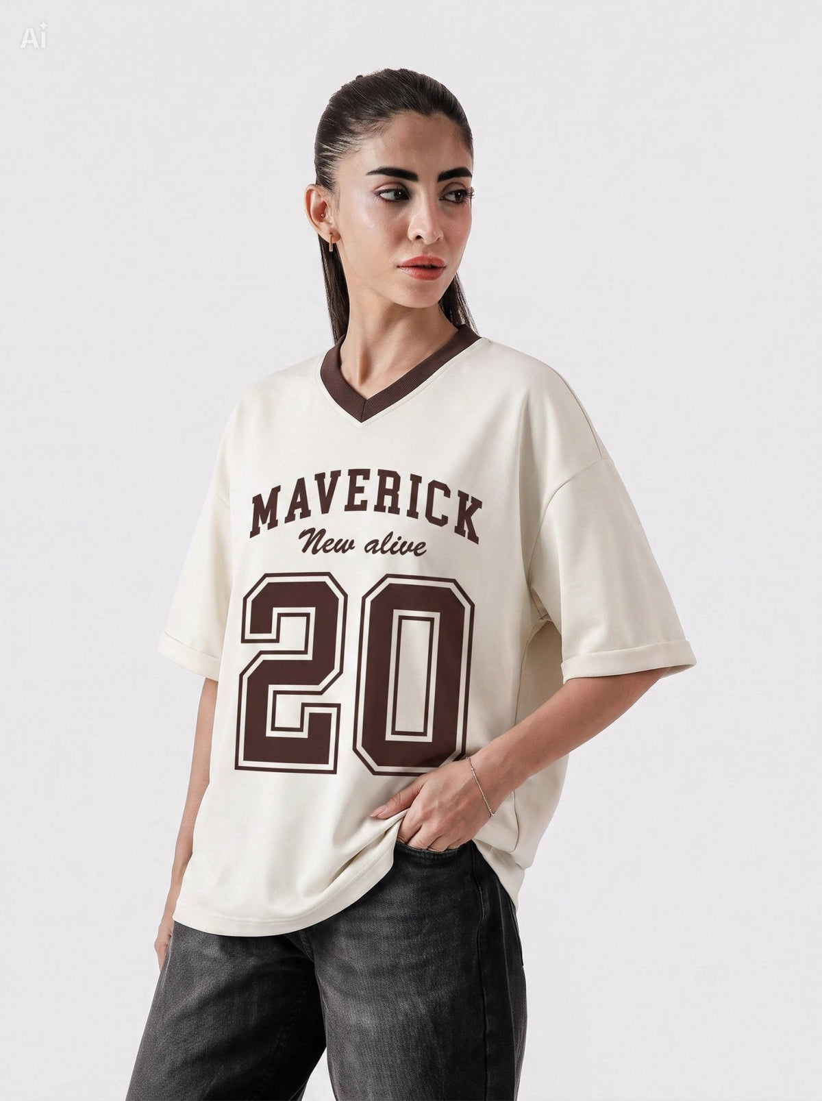 Maverick 20 Vintage Drop-Shoulder V-Neck Tee | Off-White & Brown - Swanah