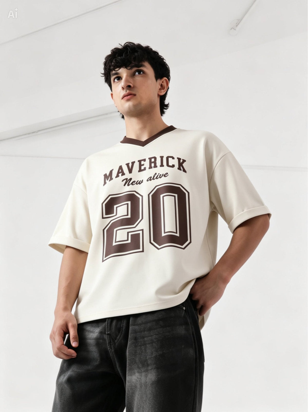 Maverick 20 Vintage Drop-Shoulder V-Neck Tee | Off-White & Brown - Swanah