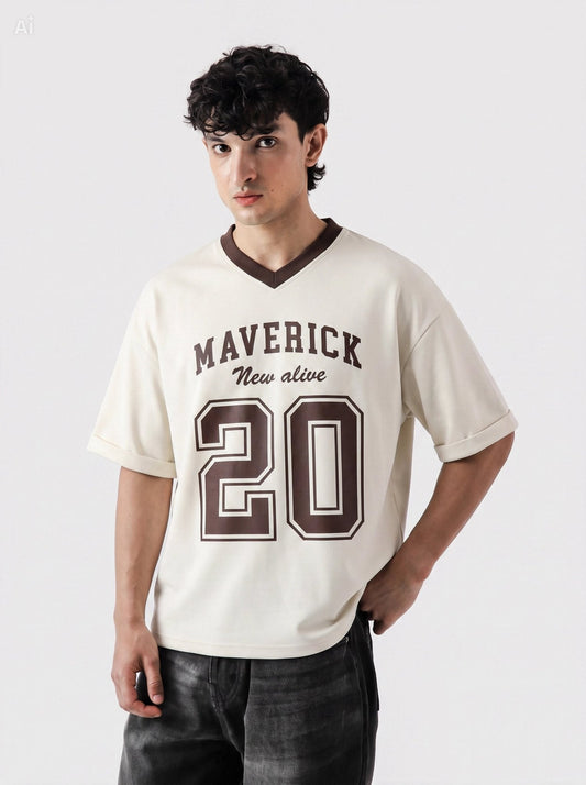 Maverick 20 Vintage Drop-Shoulder V-Neck Tee | Off-White & Brown - Swanah