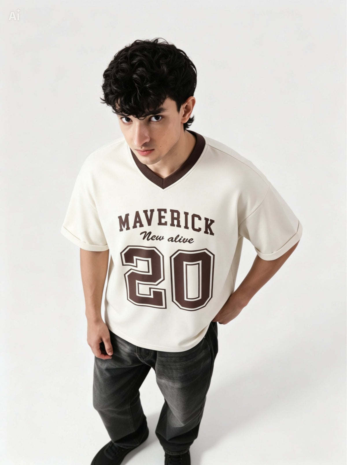 Maverick 20 Vintage Drop-Shoulder V-Neck Tee | Off-White & Brown - Swanah