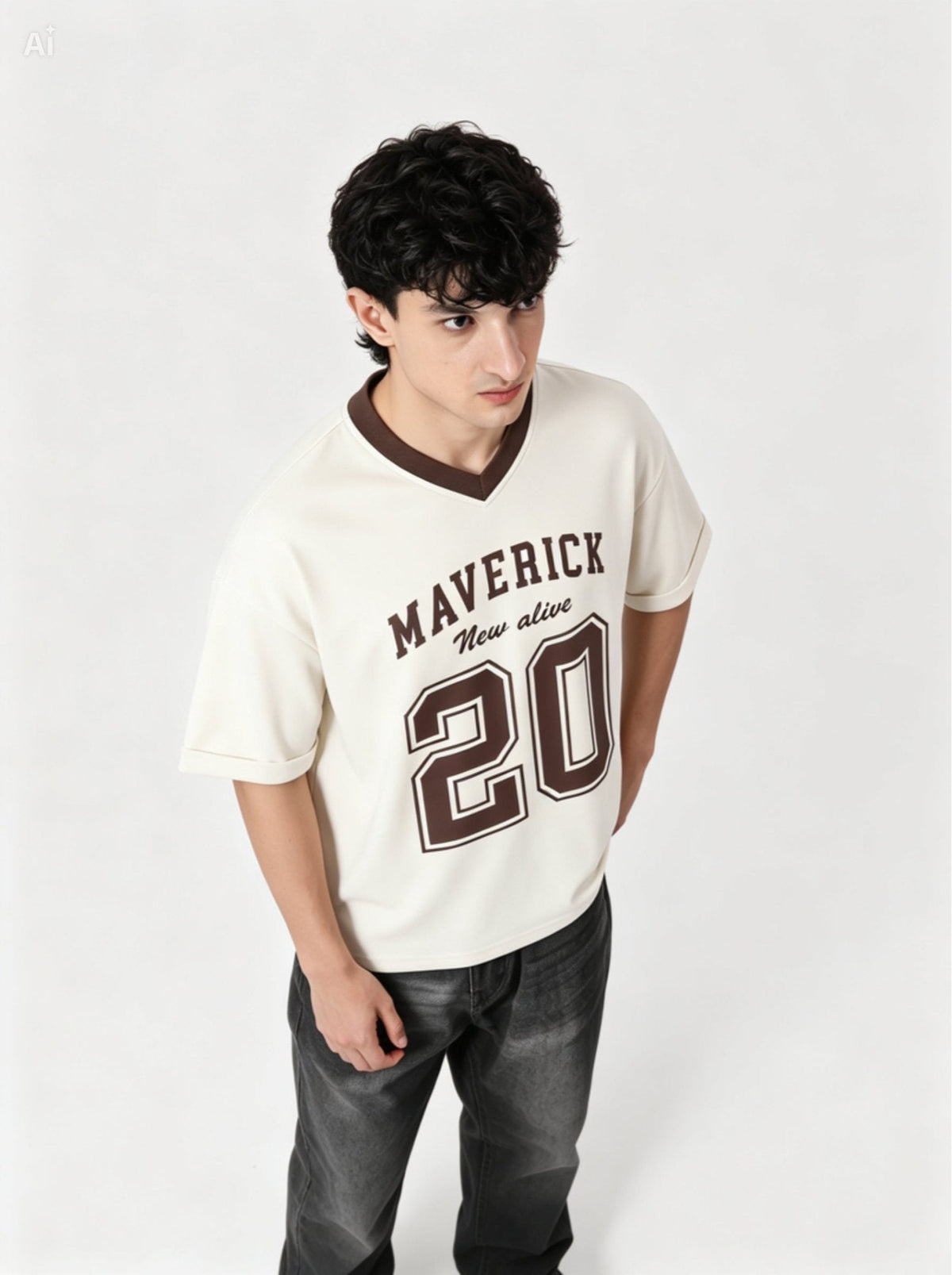 Maverick 20 Vintage Drop-Shoulder V-Neck Tee | Off-White & Brown - Swanah