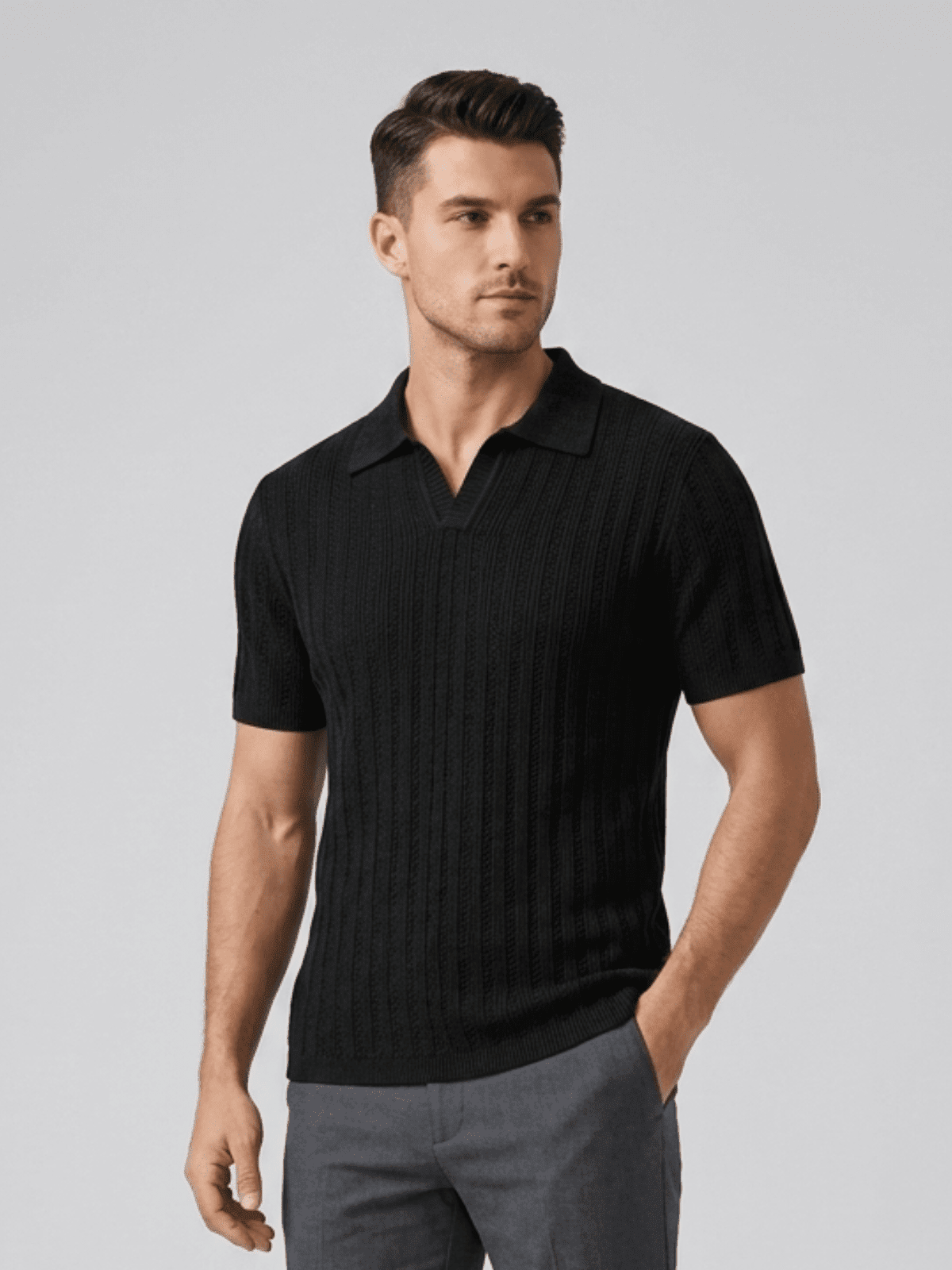 Swanah Men's Premium Textured Knit Polo Shirt - Black - Swanah