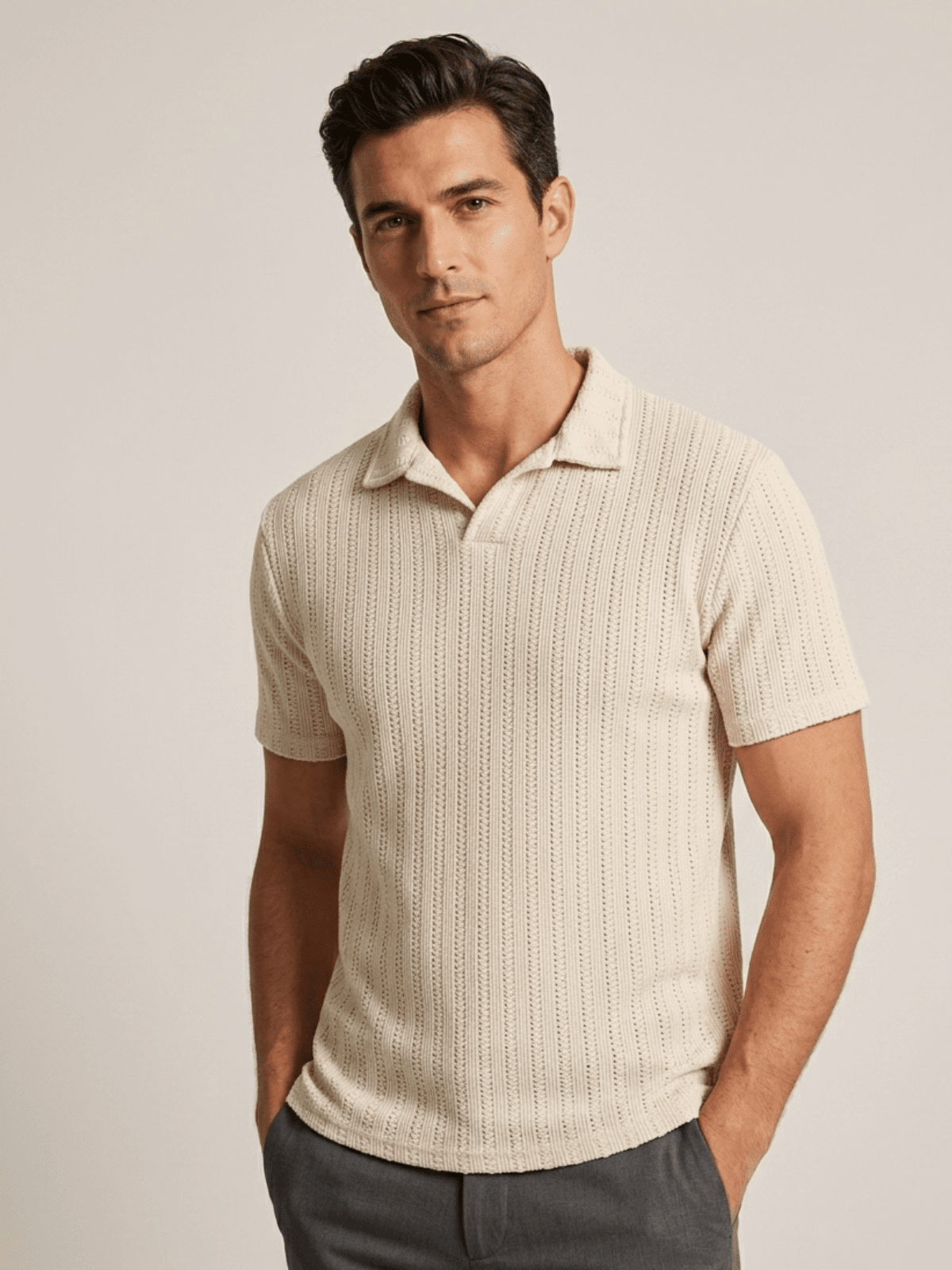 Swanah Men's Premium Textured Knit Polo Shirt - Cream Beige - Swanah