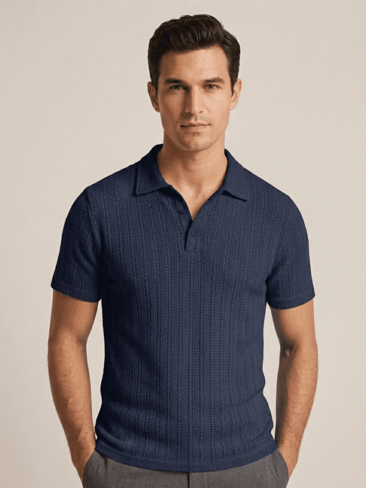 Swanah Men's Premium Textured Knit Polo Shirt - Navy Blue - Swanah